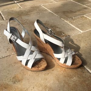 GUESS White Leather and Cork Wedges, Size 8.5M